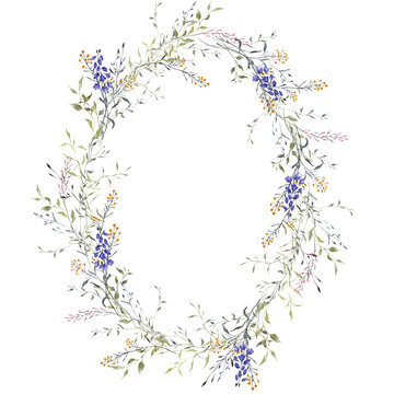 Wreath with watercolor wildflowers, herbs and grass, isolated on white background