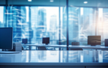 Naklejka premium Blur background of empty modern office background in city center workspace interior design