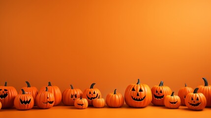 Halloween mockup empty display decorated with carved pumpkins and holiday decoration on orange background with copy space. 