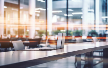 Fototapeta premium Blur background of empty modern office background in city center workspace interior design