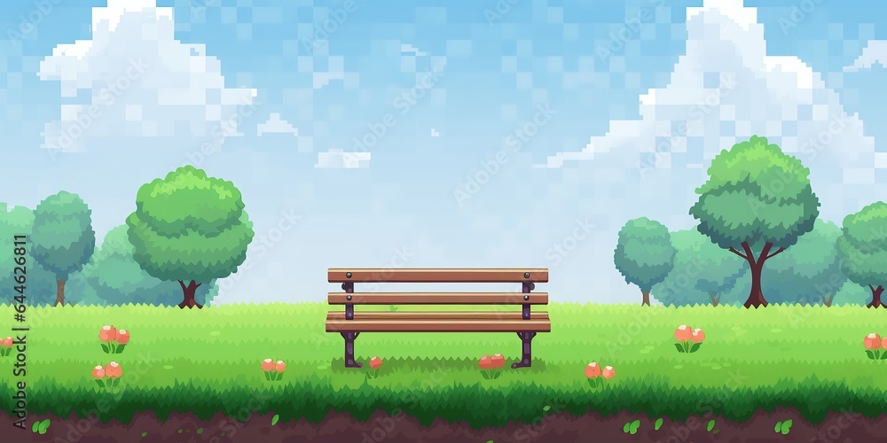Wall mural pixel art arcade game scene with trees, clouds, board, stones, 8bit background. tree and bush pixel  - Wall murals