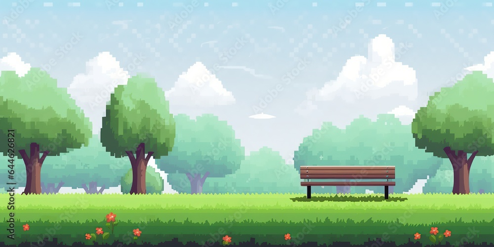 Wall mural pixel art arcade game scene with trees, clouds, board, stones, 8bit background. tree and bush pixel 