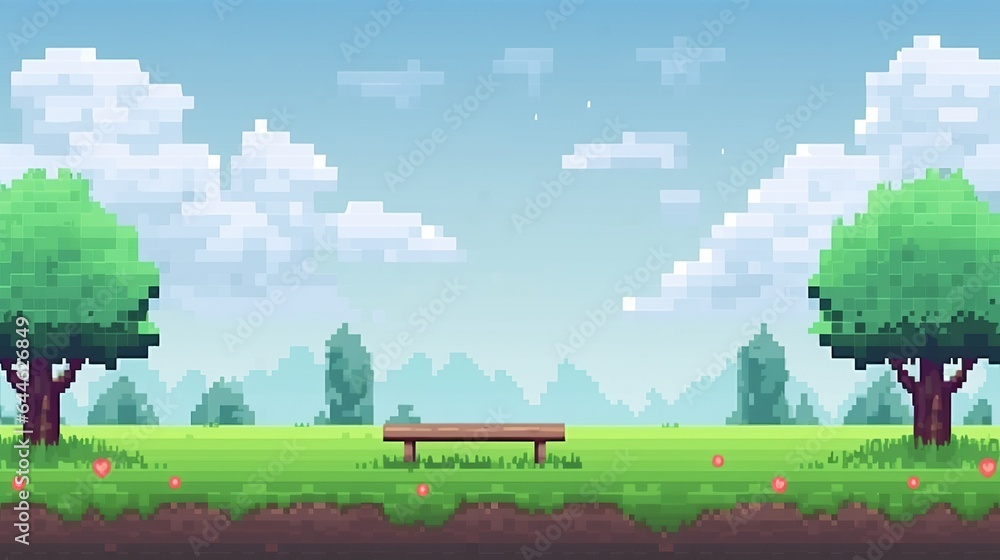 Sticker pixel art arcade game scene with trees, clouds, board, stones, 8bit background. tree and bush pixel  - Stickers