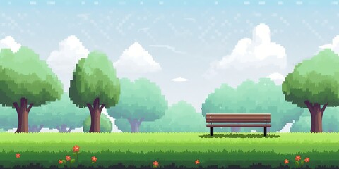 Pixel art arcade game scene with trees, clouds, board, stones, 8bit background. Tree and bush pixel style vector illustration landscape with sky grass and ground. Green plants for 2D game decor.