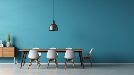Modern concept interior of dining room with empty blue mockup wall background 