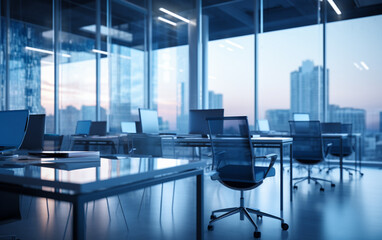 Fototapeta na wymiar Blur background of empty modern office background in city center workspace interior design