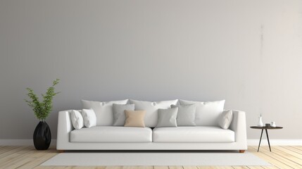 Modern interior design of living room with white sofa and empty wall background