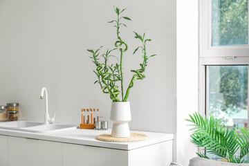 Vase with bamboo stems on table in kitchen