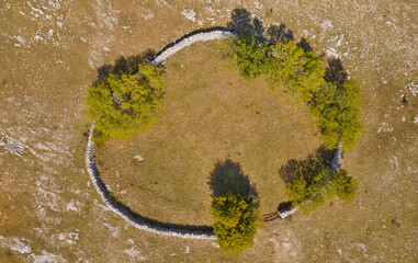 Aerial View of Historic Stone Wall Enclosure at Mostar Plateau