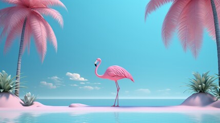 Fototapeta na wymiar Pink flamingo and palm tree on blue summer background 