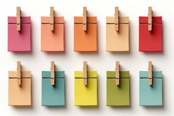 Shaded wooden wood pegs with sticky post-it note paper with shadow . Many assorted different colours isolated on transparent background cutout