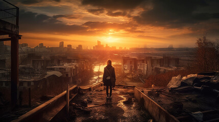 photo shoot, postapocalyptic end of the world, sunset, burning city. Generative AI