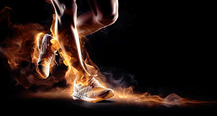 Sport. Runner. Side view of a jogger legs with the power in the veins isolated on black. Fire and energy. generative AI - obrazy, fototapety, plakaty