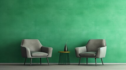 Two armchairs and green concrete wall background. Modern interior design. 