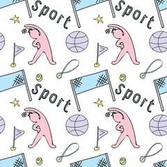 Pattern of sport elements football made in doodle style with lettering. Set Doodle lettering sport for banner design. Cute cartoon character.