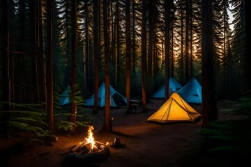 a tranquil campsite nestled deep within a dense forest on a moonless night - AI Generative