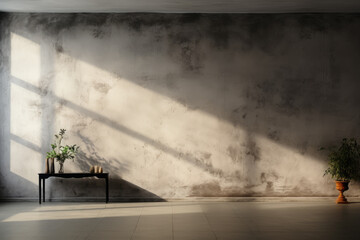 Creative mock concept. Empty grey large empty textured concrete grunge wall room with natural shadow. Banner template for product presentation.