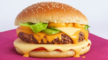 hamburger on a wooden background , cheese burger , ai generative image 