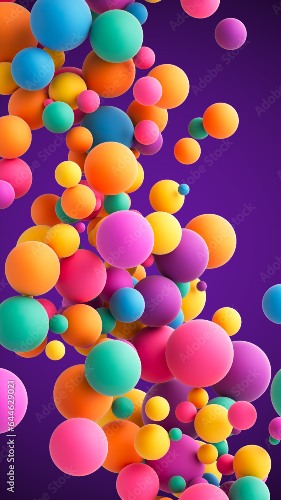 Poster abstract composition with many colorful random flying spheres. colorful rainbow matte soft balls in 