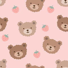 hand drawn cute brown teddy bear face with kawaii strawberry on a pastel pink background, kids seamless pattern for textile or fabric