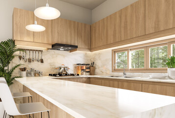 Modern luxury contemporary style empty u shape kitchen counter top 3d render there are wooden cabinet with white marble top and long wooden window with nature view