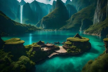 an image of a magical boat journey through a serene, floating archipelago filled with floating islands, waterfalls, and mystical creatures - AI Generative