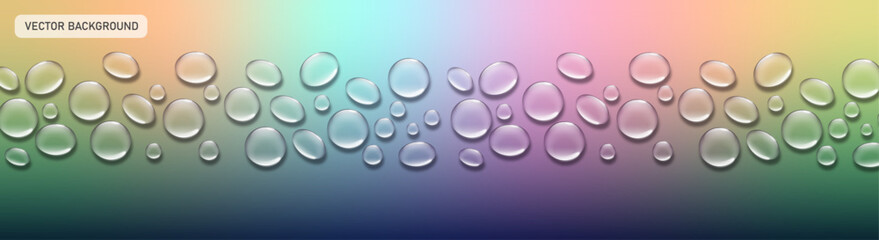 Abstract Vector background with Transparent Water Drops on Bright Colorful Gradient.