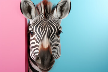 Creative animal concept. Zebra peeking over pastel bright background. advertisement, banner, card. copy text space. birthday party invite invitation