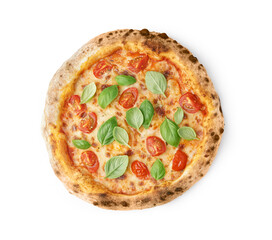 Tasty pizza Margarita with tomatoes and basil on white background