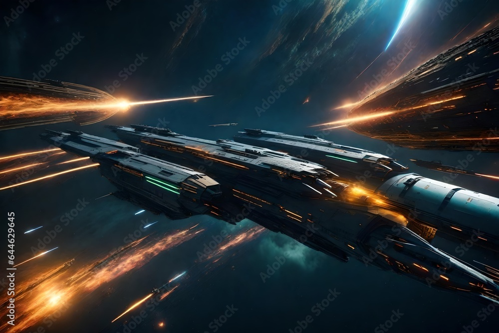 Poster an intense space battle between futuristic spacecraft, lasers, and explosions in the vastness of out