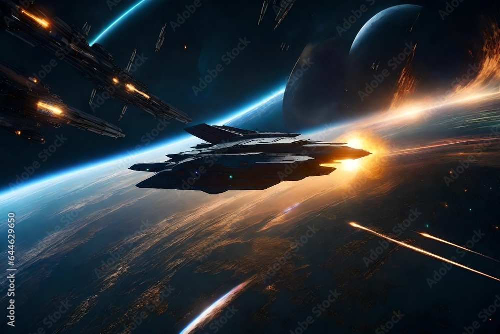 Poster an intense space battle between futuristic spacecraft, lasers, and explosions in the vastness of out
