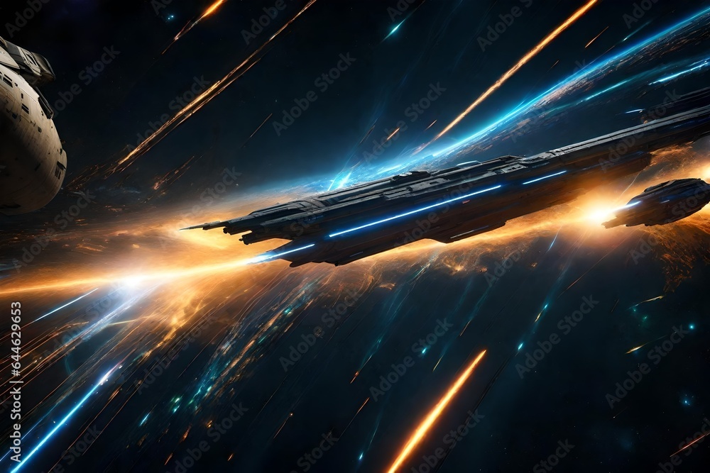 Poster an intense space battle between futuristic spacecraft, lasers, and explosions in the vastness of out
