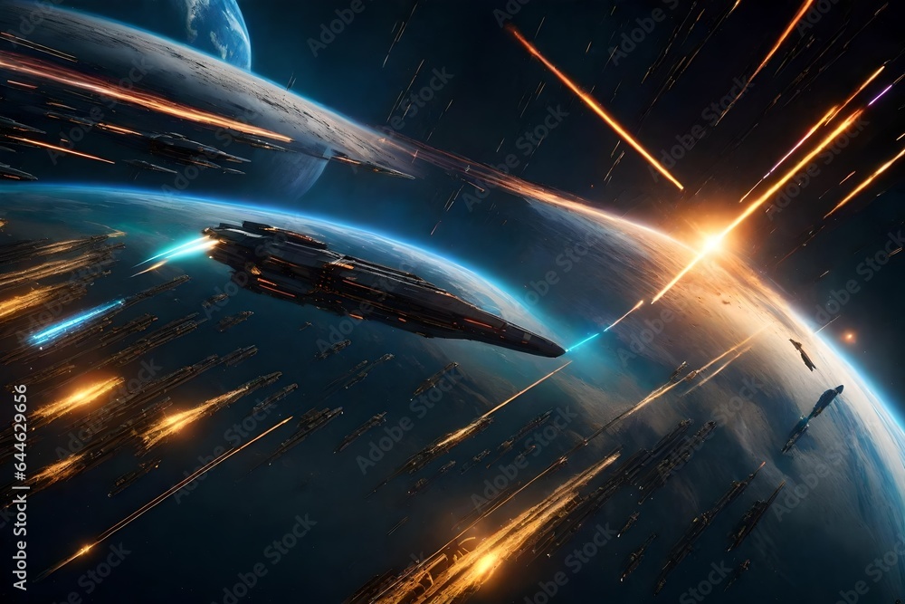 Poster an intense space battle between futuristic spacecraft, lasers, and explosions in the vastness of out
