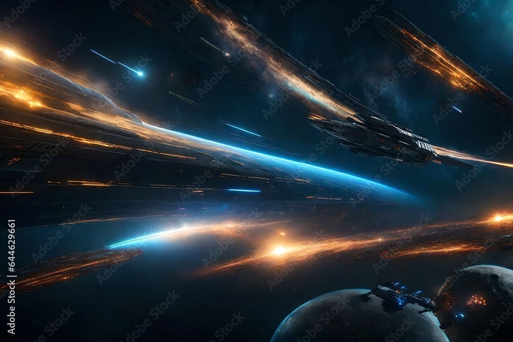Poster an intense space battle between futuristic spacecraft, lasers, and explosions in the vastness of out