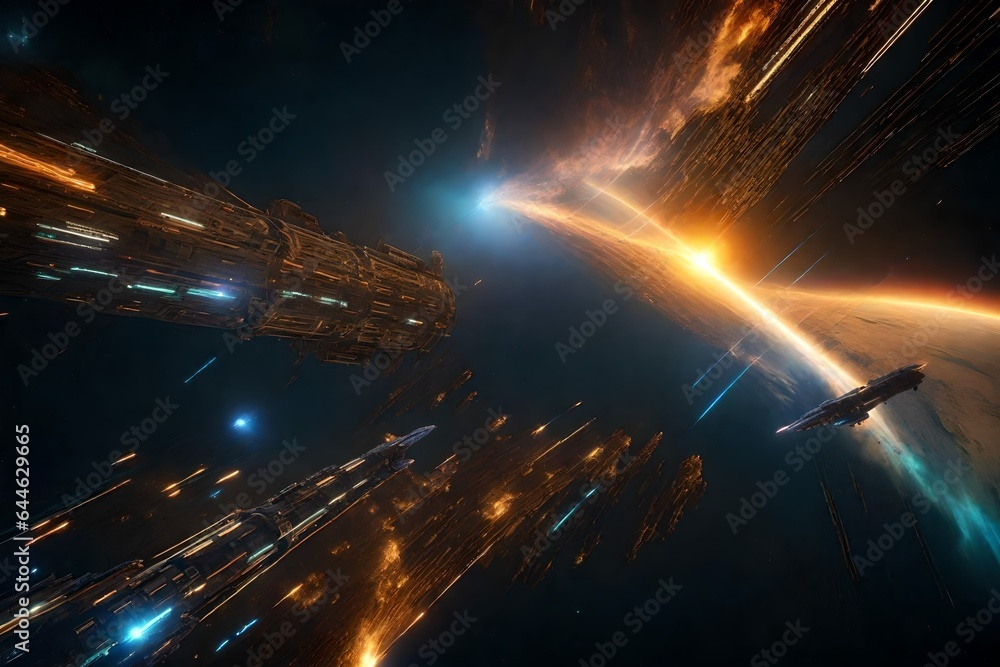 Poster an intense space battle between futuristic spacecraft, lasers, and explosions in the vastness of out