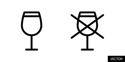 Wine drink glass, alcohol and do not drink, say no to alcohol, dont drink, prohibited icons in line style design for website, app, UI, isolated on white background. Editable stroke. Vector file.