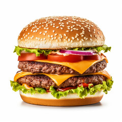Tasty burger isolated on white background fresh hamburger fast food with beef, vegetables and cheese 