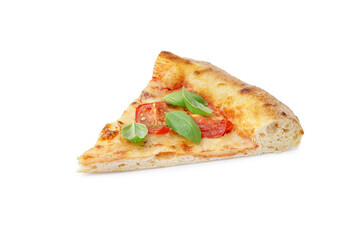 Piece of tasty pizza Margarita with tomatoes and basil on white background