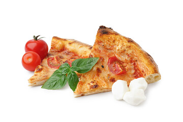 Pieces of tasty pizza Margarita with basil and mozzarella on white background
