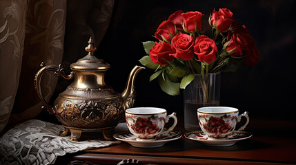 A traditional tea set with a rose motif. AI generative