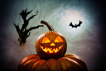 halloween pumpkin with bats and spooky background