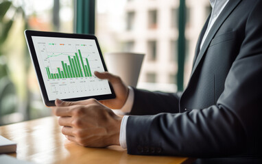 Businessman using tablet and laptop analyzing sales data and economic growth graph chart. Business strategy. Digital marketing