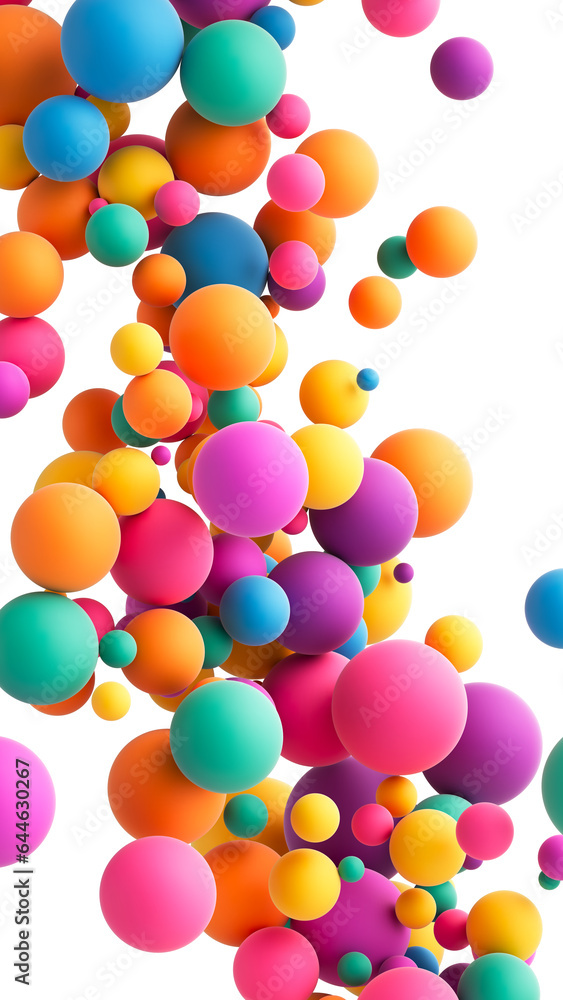Poster abstract composition with many colorful random flying spheres isolated on transparent background. co