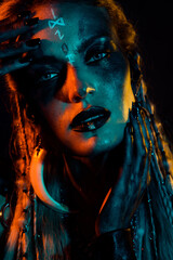 Vertical close up cropped photo of mysterious girl valkyrie hands touch face light effect isolated...