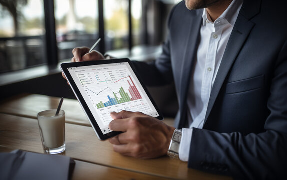 Businessman using tablet and laptop analyzing sales data and economic growth graph chart. Business strategy. Digital marketing
