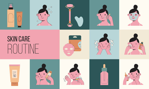 Skincare routine illustrations with cute girls. Cream, lotion, mask, eye cream and sunscreen bottles
