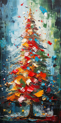 Christmas tree oil on canvas bright colorful drawing, created with Generative AI Technology.