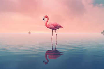 One flamingo standing peacefully alone in the water by cloudy sunset