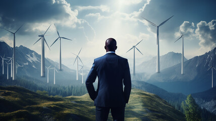 businessman walking through wind turbines