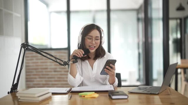 Podcast radio host recoding live broadcasting stream entertainment.